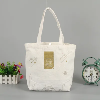 Promotion Gold Color Logo Printed Cotton Canvas Tote Shopping Carry Bag With Magnetic Button Closure