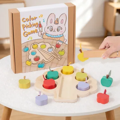 Wood Children's Clip Apple Hand-Eye Coordination Exercise Game Baby Color Matching Color Cognition Educational Toys for Ages