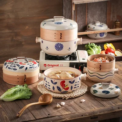 Japanese Ceramic Multilayer Steamer Casserole Pot Glass Lid Modern Design for Soup/Stew Home/Hotel Use Induction Cooker Ceramic