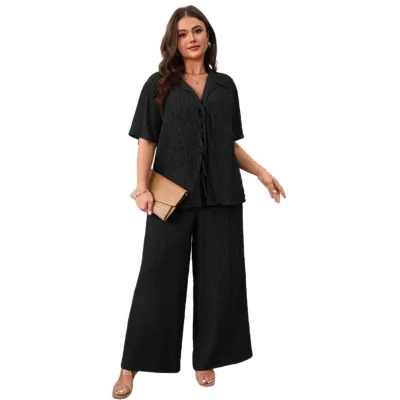 Women's 2025 Spring Summer Fashion Casual Style Solid Pattern Suit Short Sleeve Tops & Wide Leg Pants Plus Size Sets