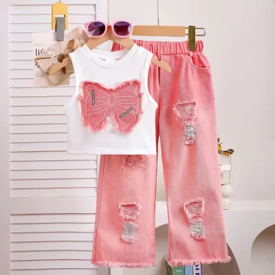 Summer Children's Clothing Set for Girls Bow-Sleeveless Top and Pink Ripped Denim Pants