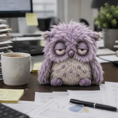 Custom Shaggy Purple Owl Plush with Tired Eyes, Quirky Soft Stuffed Animal for Office Desk Decor and Emotional Support