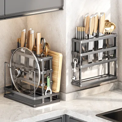 Kitchen Knife Rack Storage Multi-Functional Three-Layer Metal Countertop Chopstick Holder Chopping Board Holder Movable Storage