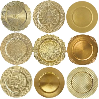 Wholesale Luxury Golden Plastic Plates 13 Inch, Gold Round Dinner Underplates for Wedding Banquet Party Table Decoration