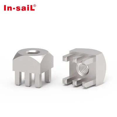 Fasteners Power press fit elements with female thread and two rows pin population for magnetic pogo connector