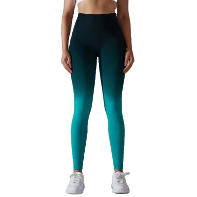 Aoyema High Waist Seamless Gym Leggings Candy Ombre Color Knitted Fabric Compression Tummy Control Yoga Fitness Pants