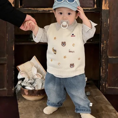 Korean Style Baby Boy Acrylic Knitted Animal Cartoon Vest Three-Piece Set Spring Autumn Infant Western Style Embroidered