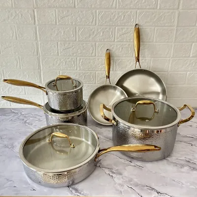 Three-layer Stainless Steel 304 10-Piece Hammer Pattern Non-stick Uncoated Modern Minimalist Design Cookware Set Gold Handle