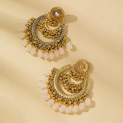 Bohemian Vintage Golden Red Bead Tassel Drop Earrings Retro Exotic Hollow Ethnic Wind Bells Fringe Dangle Earrings for Women