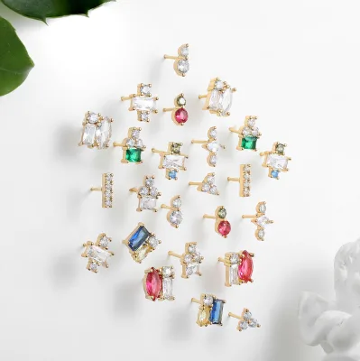 18K Gold Simple Small Stud Earrings Square Color Zircon Drops Earrings Daily Wearing