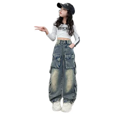 Girls Cotton Denim Overalls 2025 Autumn New Trendy Cool Western-Style Korean-Style Street Dance Fashionable Straight-Leg