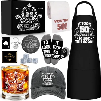 Vintage Milestone Celebration Present Selection Whiskey Glass Apron Cap Sock Coaster Keychain Birthday Gift