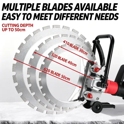 K6006 Handheld Brushless Wall Saw With Three Blade Sizes (410/520/ 600mm) Cutting Depths of 30/40/50mm Wet Cutting of Concrete.