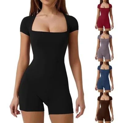 Women Square Neck Short Sleeve Bodysuit Romper Slim Bodycon Bike Short Jumpsuit Daily Casual Ladies Workout Shapewear