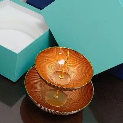 Hot sale glazed glass orange double layer fruit plate separated fruit food beautiful and practical