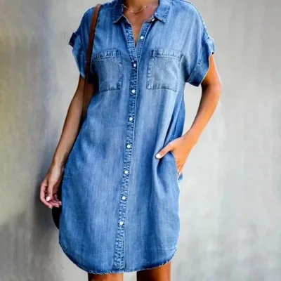 Women's Casual Regular Fit Short Sleeve Denim Shirt Dress with Quick Dry Feature Midi Length
