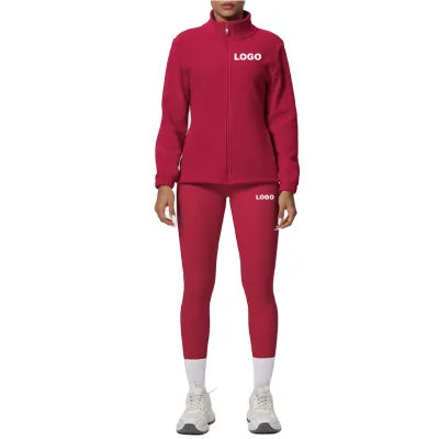 Women's High Waist Yoga Leggings Lightweight Fleece Zipper Jacket Set Solid Gym Wear Breathable Tummy Control Butt Lifting