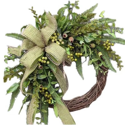 Artificial Flower Plastic Garland Ferns Greenery Plant Berries with Linen Bow Spring Countryside Greenery Wreath for All Season