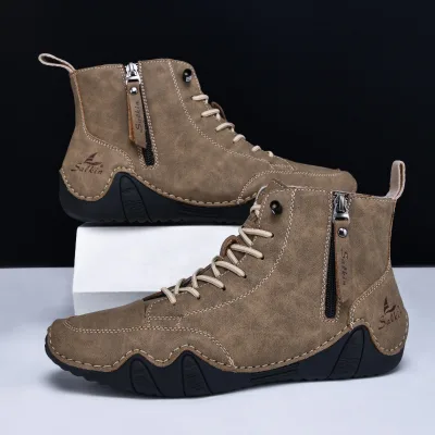 New 2026 Handmade Casual Shoe Men Sneakers Ankle Boots Leather Side Zipper Comfortable Breathable Anti-Slip Outdoor Walking Shoe