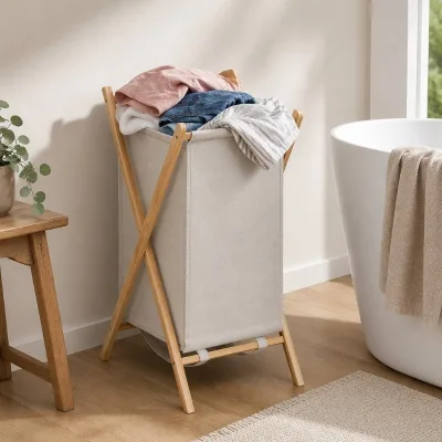 CF Wholesale Foldable Laundry Hamper Collapsible Wood X Frame Canvas Bag Sturdy Fabric Storage Bin Clothes Organizer Portable