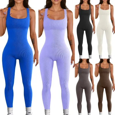 Women Solid Color Sleeveless Vest Jumpsuit Threaded Square Neck Backless Butt Lift Slim Fit Sports Jumpsuit