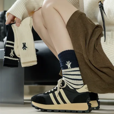 Custom Autumn and Winter New Striped Socks Female Embroidery Bear Socks Crew Socks Women