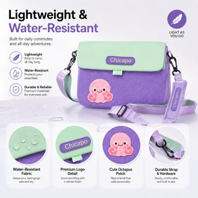 Water Resistant Nylon Phone Crossbody Bag with Self-Adhesive Cartoon Patches 3-Layer Storage & Charging Cable Hole