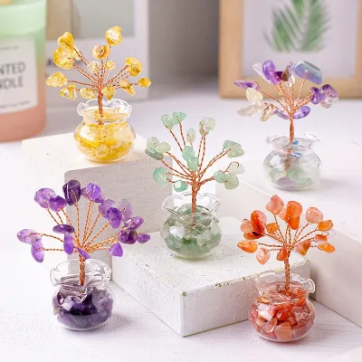 Natural Crystal Fortune Tree Hand-woven Family Car Mini Crystal Tree Ornaments with Gravel Gems Inside Glass Vases for Sale