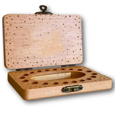 Tooth Fairy Keepsake Box for Girls Boys American Style Multifunction Portable Wooden Money Box 20 Teeth Capacity (Natural Beech)