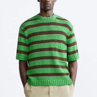 Custom Striped Knit T-Shirts for Men 100% Cotton Knitted Tshirt