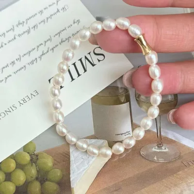 Natural Freshwater Rice Shaped Pearl 18K Gold Plated AAA Grade Luxury Women's Bracelet Simple 5-6mm Small Waist Elastic Rope
