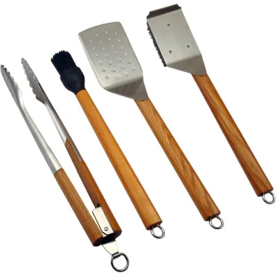 NO Nails design Factory Activity Promotion Stainless steel 4 pcs bbq grill tools With Wooden Handle