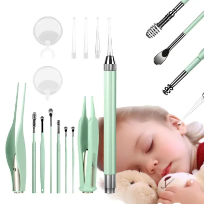 Stainless Steel Ear Cleaning Kit with LED Light 15-Piece Ear Wax Removal Tools for Kids & Adults (Green)
