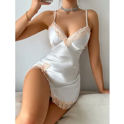 Wholesale Summer Hot Sexy Satin Ladies Silk Short Sleeve Womens Lace Sleepwear Sleep Cotton Pajamas