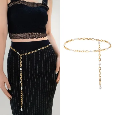 New Womens Pearl Gold Metal Waist Chain Pin Buckle High-end Vintage Accessory Versatile Belt for Shirts Dresses European