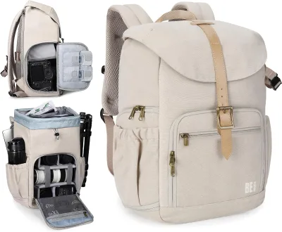 Ivory White Waterproof Anti-Theft Camera Backpack with 15-inch Laptop Compartment and Tripod Stand Zipper Closure