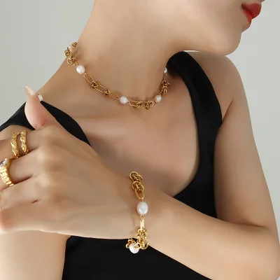 gold silver plated stainless steel necklace bracelet with pearl chunky hip hop style