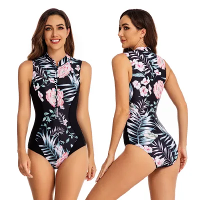 Full Floral Prints Customized Digital Printing 1-pc Front Zipper Swimsuit