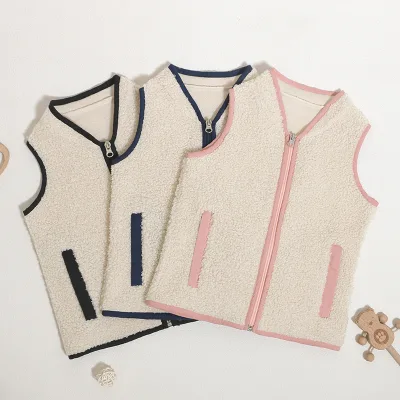 New Arrived High Quality Fashion Teddy Velvet Winter Children Coat V-neck Oversized Neutral Top Polyester Big Pocket Girl Vest