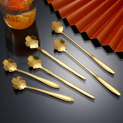 Tea Coffee Mixing Spoon Gold Long Handle Dessert Stainless Steel Vintage Teaspoons Drink Tableware Flowers Design