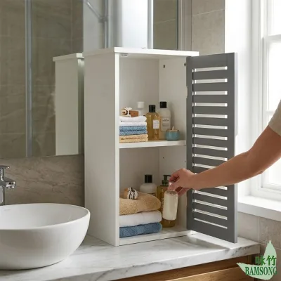 Storage Cabinet White Grey Louver Door Minimal Modern Style 2 Separate Tier Store Towel Wash Supplies Bathroom Cupboard