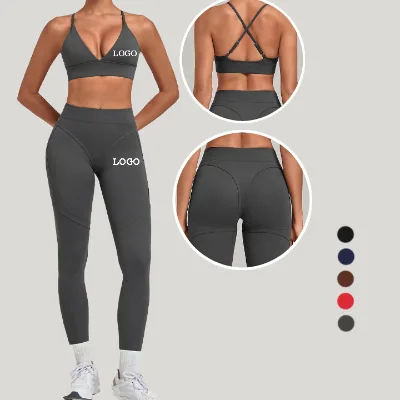 Criss Cross Back V Neck Adjustable Strap Gym Set High Waist Patchwork Hip Lift Yoga Set Quick Dry Crotchless Open Back Yoga Set