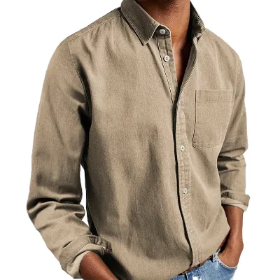 New Custom Logo Men's Shirt High Quality Fashionable Lapel Long-Sleeved Retro Office 100% Cotton Long Sleeve Corduroy Blank