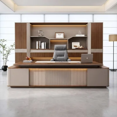 Professional Modern L Shaped Executive Office Desk Return Cabinet Bookshelf Storage Water Resistant Eco-Friendly Wood Director