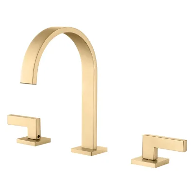Brushed Gold Widespread Bathroom Faucet Three Hole Square Arch Tube High Spout J-Shape Side Lever Square Base Deck Mount