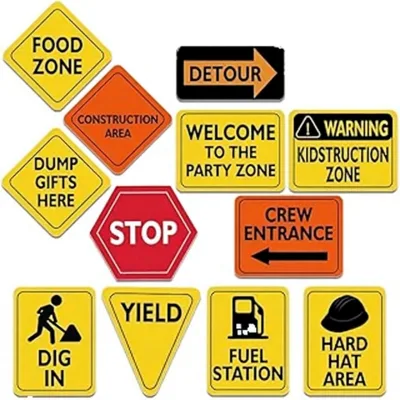 WERNNSAI 12 PCS Size 8 Indoor Handmade Paper Traffic Sign Cutouts for Boys Kids Birthday Party Construction Theme Supplies