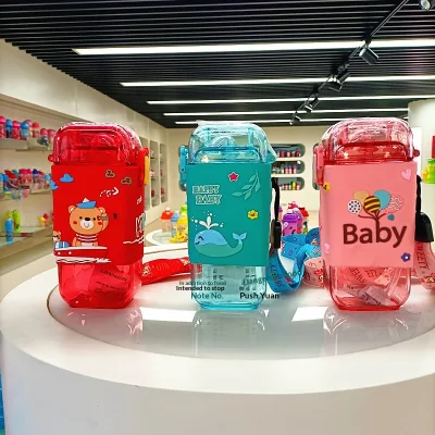 Children's Cartoon-Patterned Square Straw Type Portable Water Bottle with Strap for Kindergarten