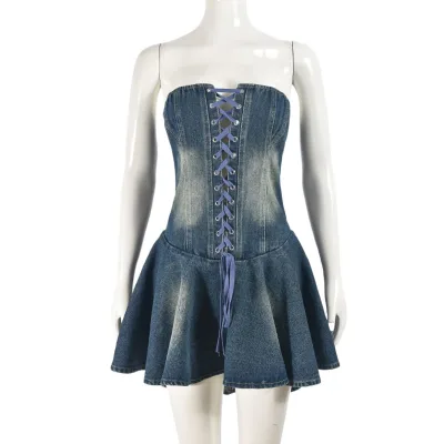 Summer Sexy Blue Jean Skirts for Women Off Shoulder Corset Mini Jean Pleated Skirt