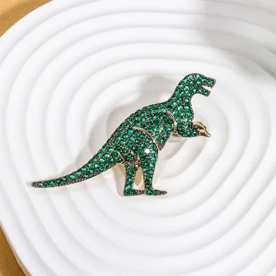 Factory Custom Full Diamond Zircon Dinosaur Design Fashionable Brooch Micro Inlaid Zircon Shiny Green Brooch for Women