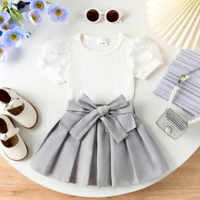 2024 Summer Fashion Child Outfit Mesh Patchwork Short Sleeve Pit Strip T Shirt Pleated Skirt Two Piece Girl Kids Clothes.